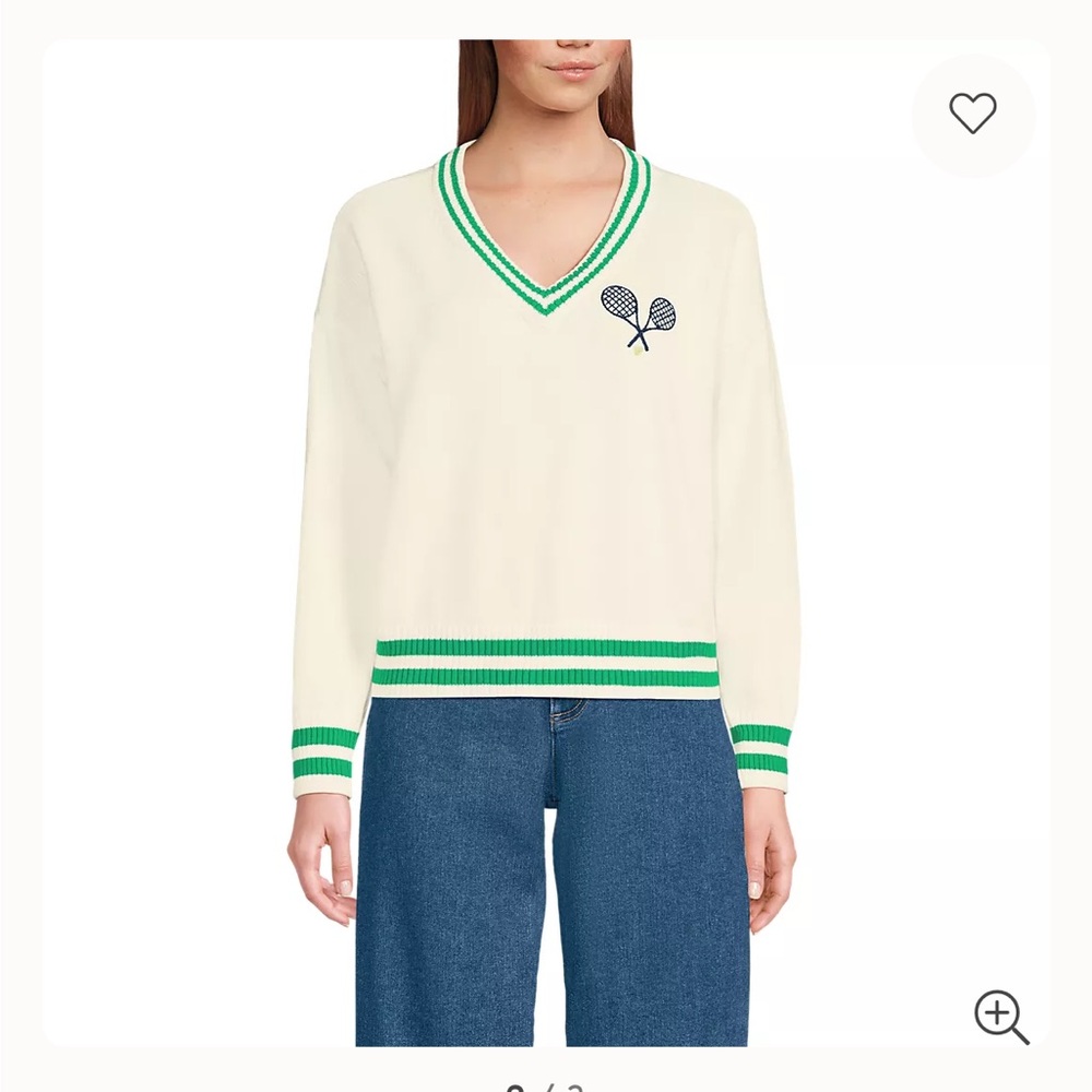 Lands End Women's Drifter Varsity Vneck Tennis Sweater with Crest XS/S - Picture 2 of 8